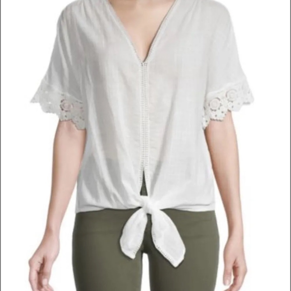 NWT - Max Studio 2X White Blouse with Lace Detailing and Tie Front